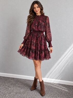 Just Taylor Burgundy Abstract Floral Chiffon Smocked Tiered Dress Size 2